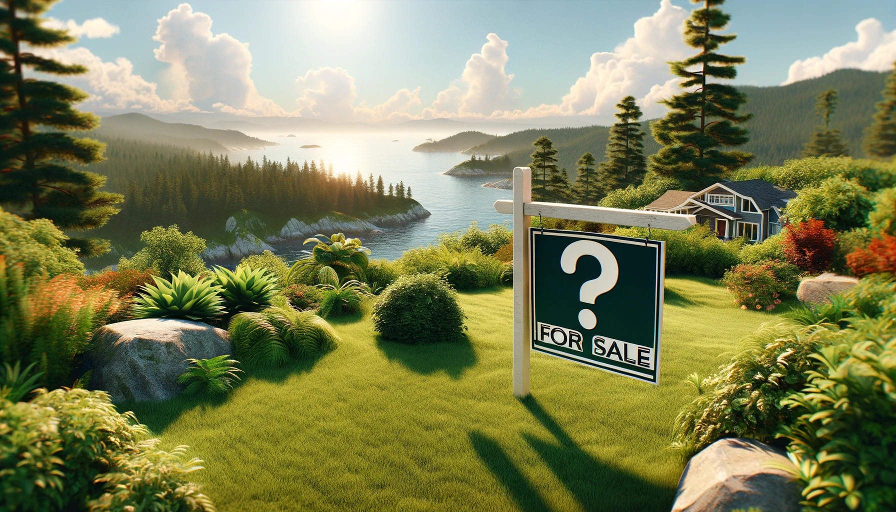 Landscape image overlooking mountains and ocean with a blank real estate sign